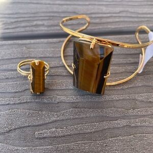 ✨ Golden Tiger’s Eye Statement Set – Cuff Bracelet & Ring ✨